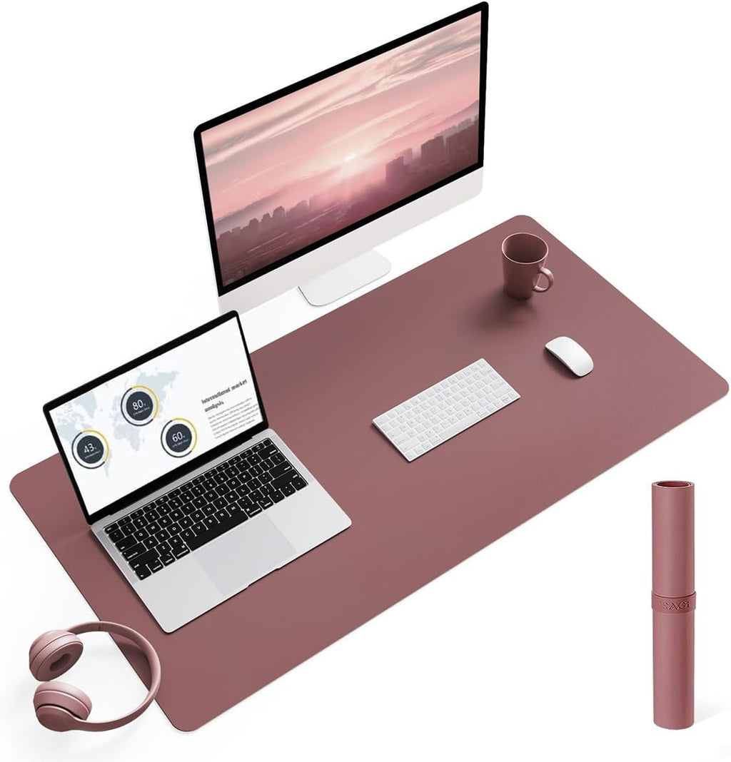 Non-Slip Leather Desk Pad L Size, Waterproof Laptop Computer Desk Keyboard Mat, Large Mouse Pad for Office/Work/Home/Decor (Dark Pink, 35.4" X 17")