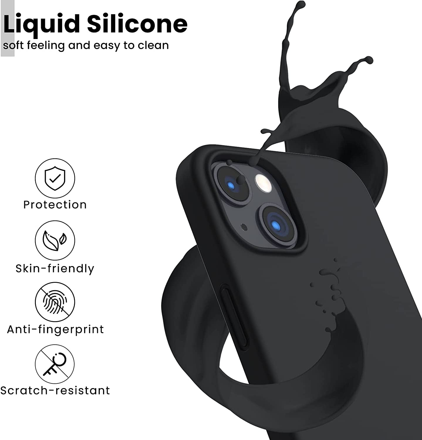 Designed for Iphone 13 Case, Shockproof Liquid Silicone-Black