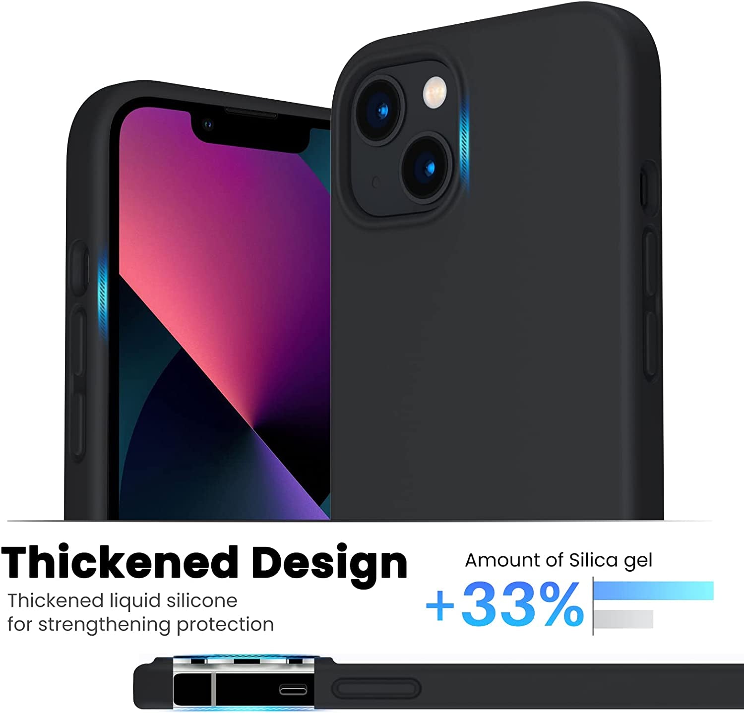 Designed for Iphone 13 Case, Shockproof Liquid Silicone-Black