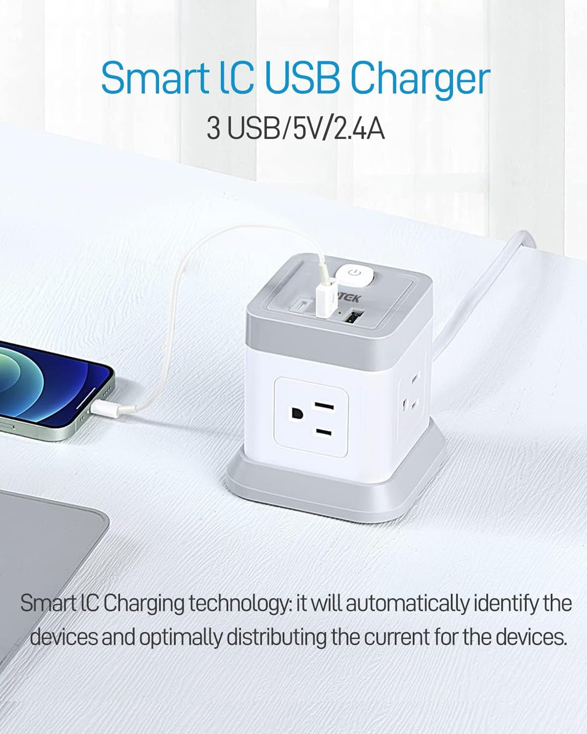 Power Strip USB C, 4 Outlets 3 USB Ports 5 FT Extension Cord White
