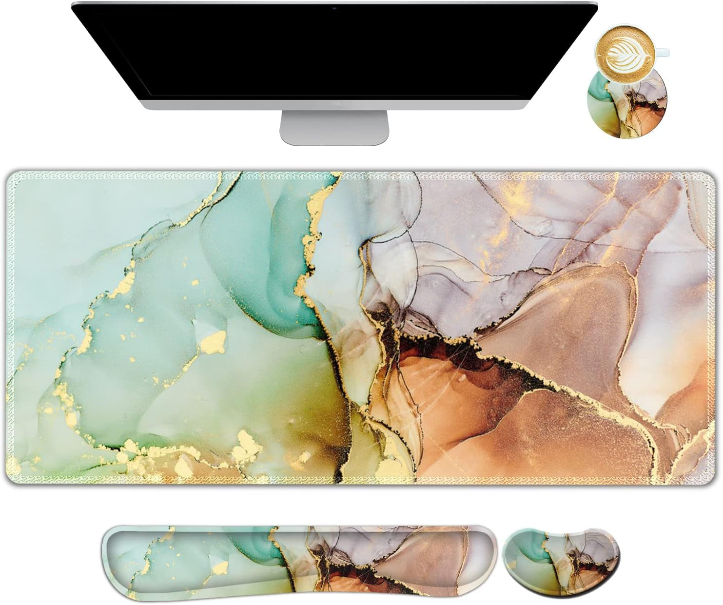 Large Gaming Mouse Pad, Keyboard Wrist Rest Pad & Wrist Support Mousepad Set, Stitched Edge, Extended, Non-Slip Base