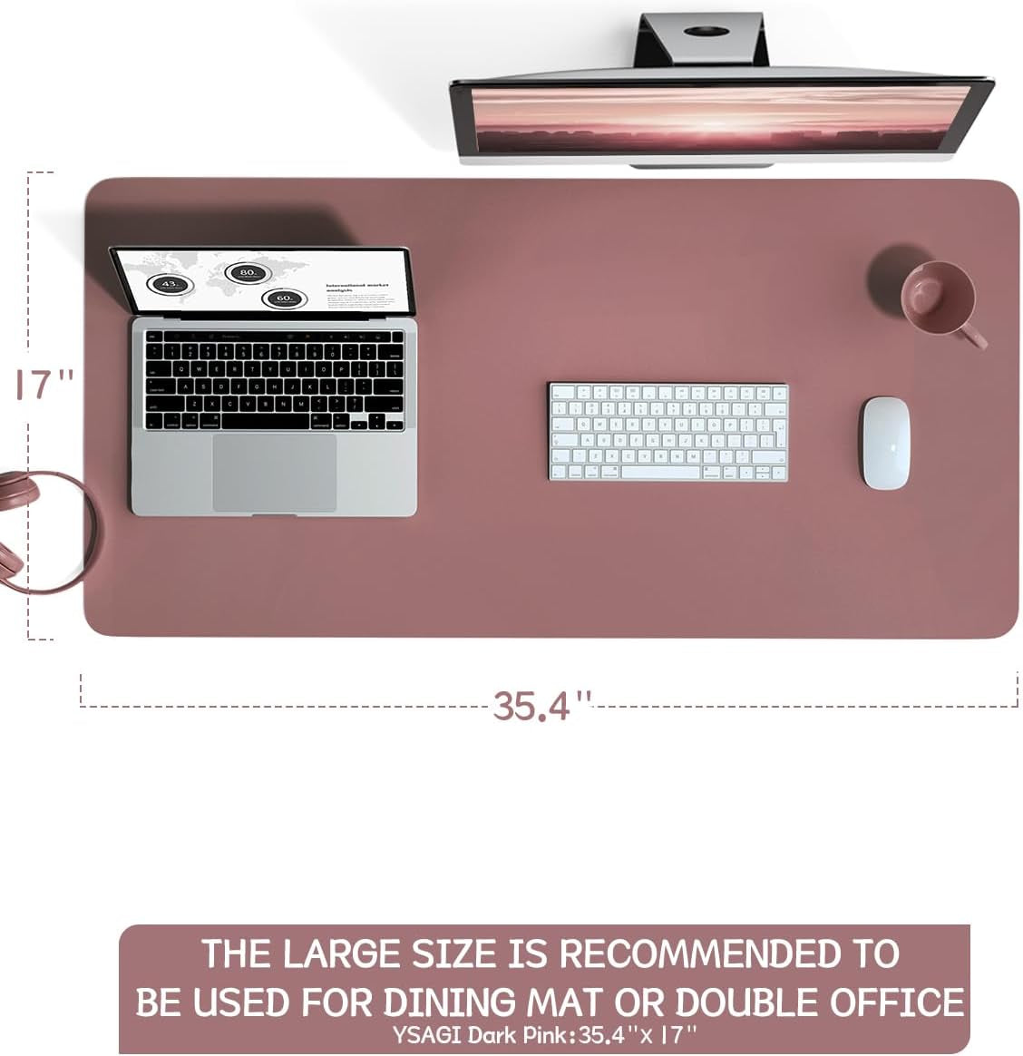 Non-Slip Leather Desk Pad L Size, Waterproof Laptop Computer Desk Keyboard Mat, Large Mouse Pad for Office/Work/Home/Decor (Dark Pink, 35.4" X 17")
