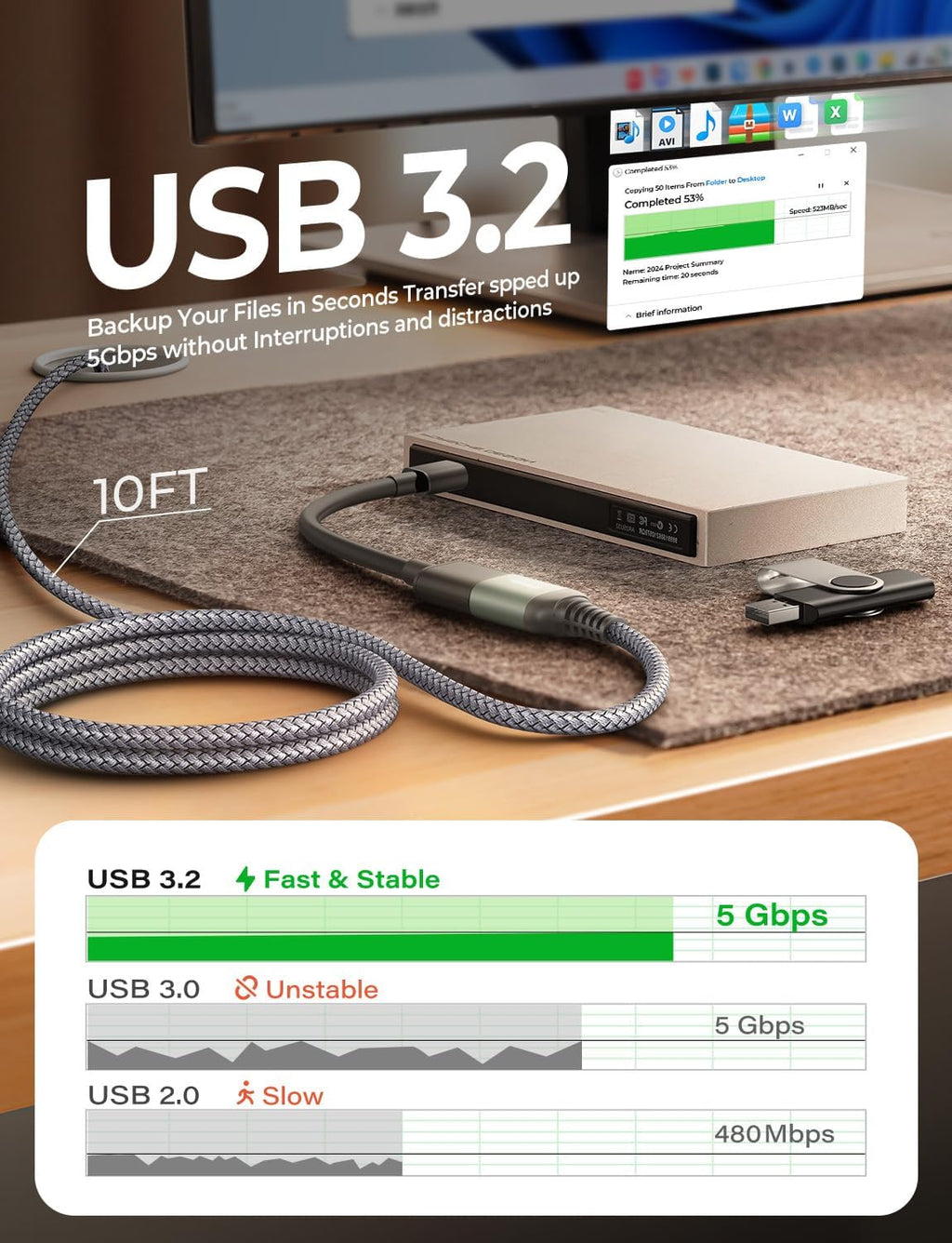 USB Extension Cable 10FT USB 3.0 Extender