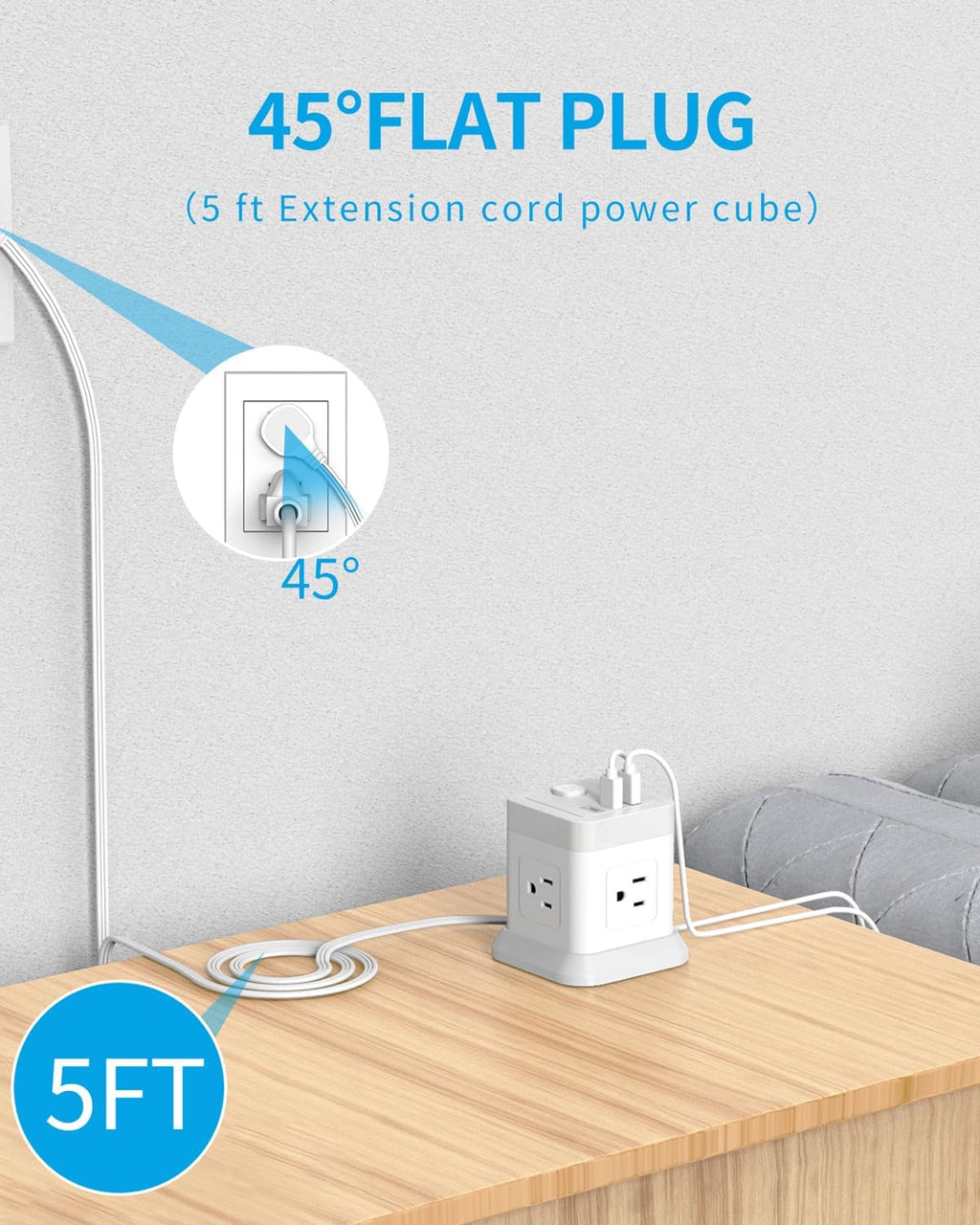 Power Strip USB C, 4 Outlets 3 USB Ports 5 FT Extension Cord White