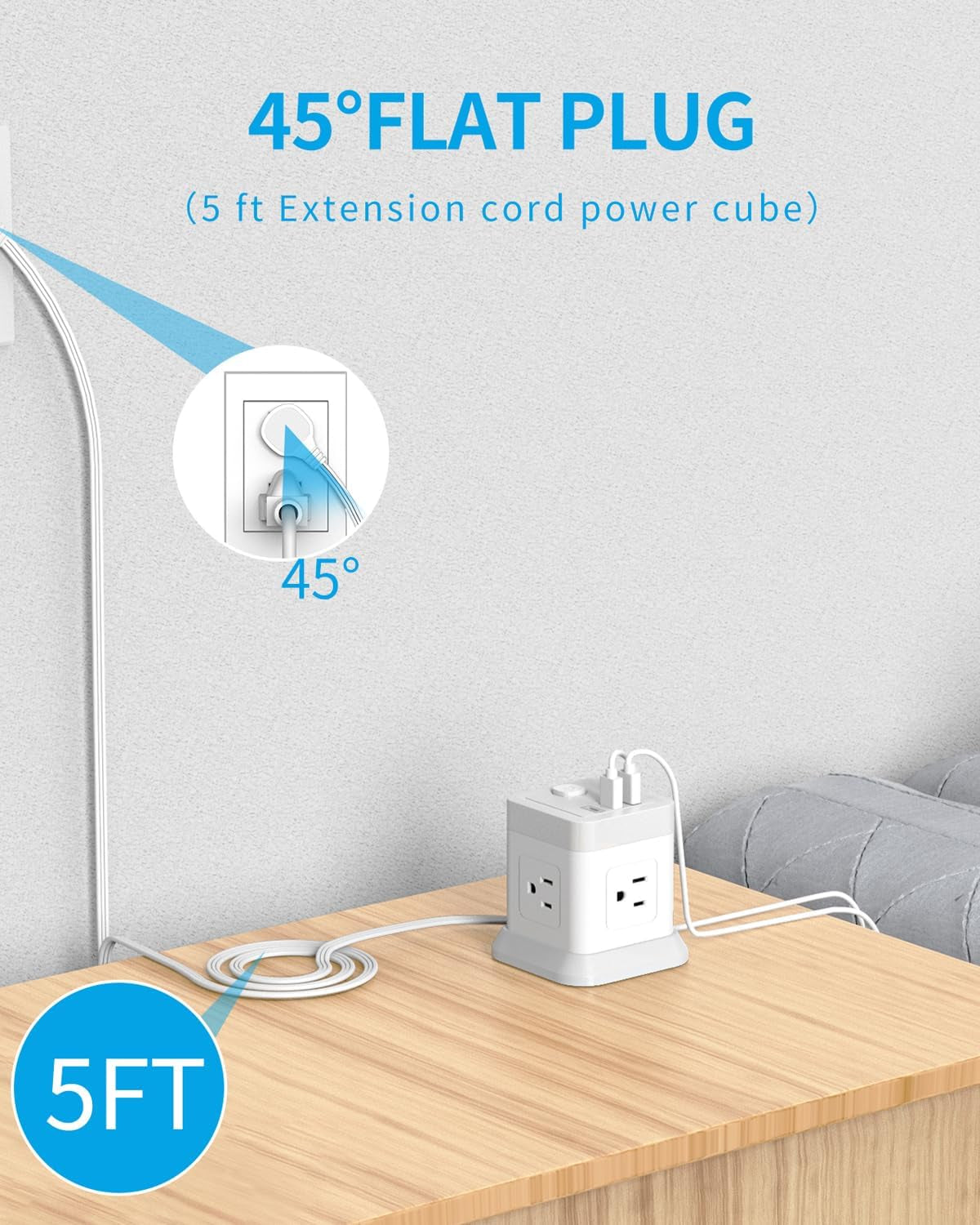 Power Strip USB C, 4 Outlets 3 USB Ports 5 FT Extension Cord White