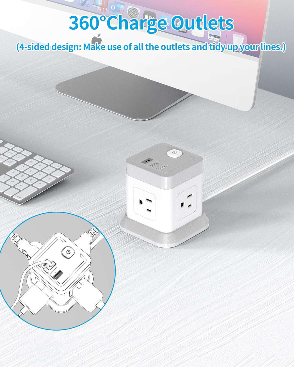 Power Strip USB C, 4 Outlets 3 USB Ports 5 FT Extension Cord White