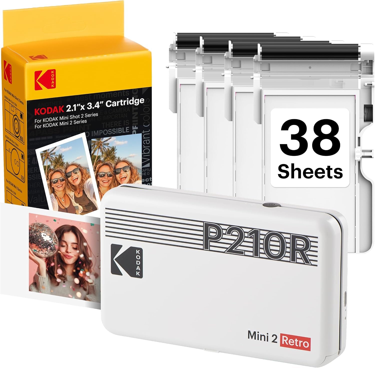 KODAK Mini 2 Retro 2X3 Portable Photo Printer, 4PASS, 38 Sheets, White