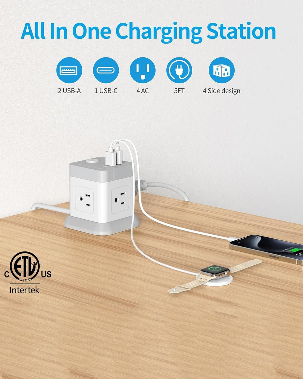 Power Strip USB C, 4 Outlets 3 USB Ports 5 FT Extension Cord White