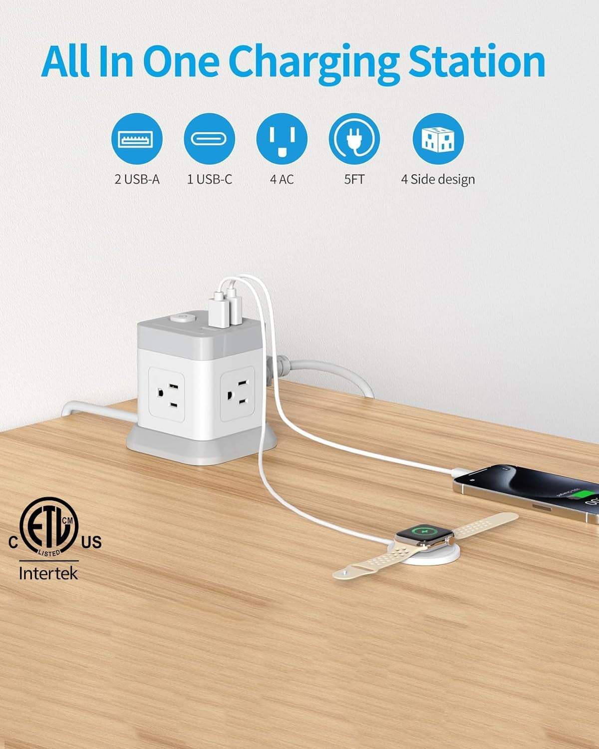 Power Strip USB C, 4 Outlets 3 USB Ports 5 FT Extension Cord White