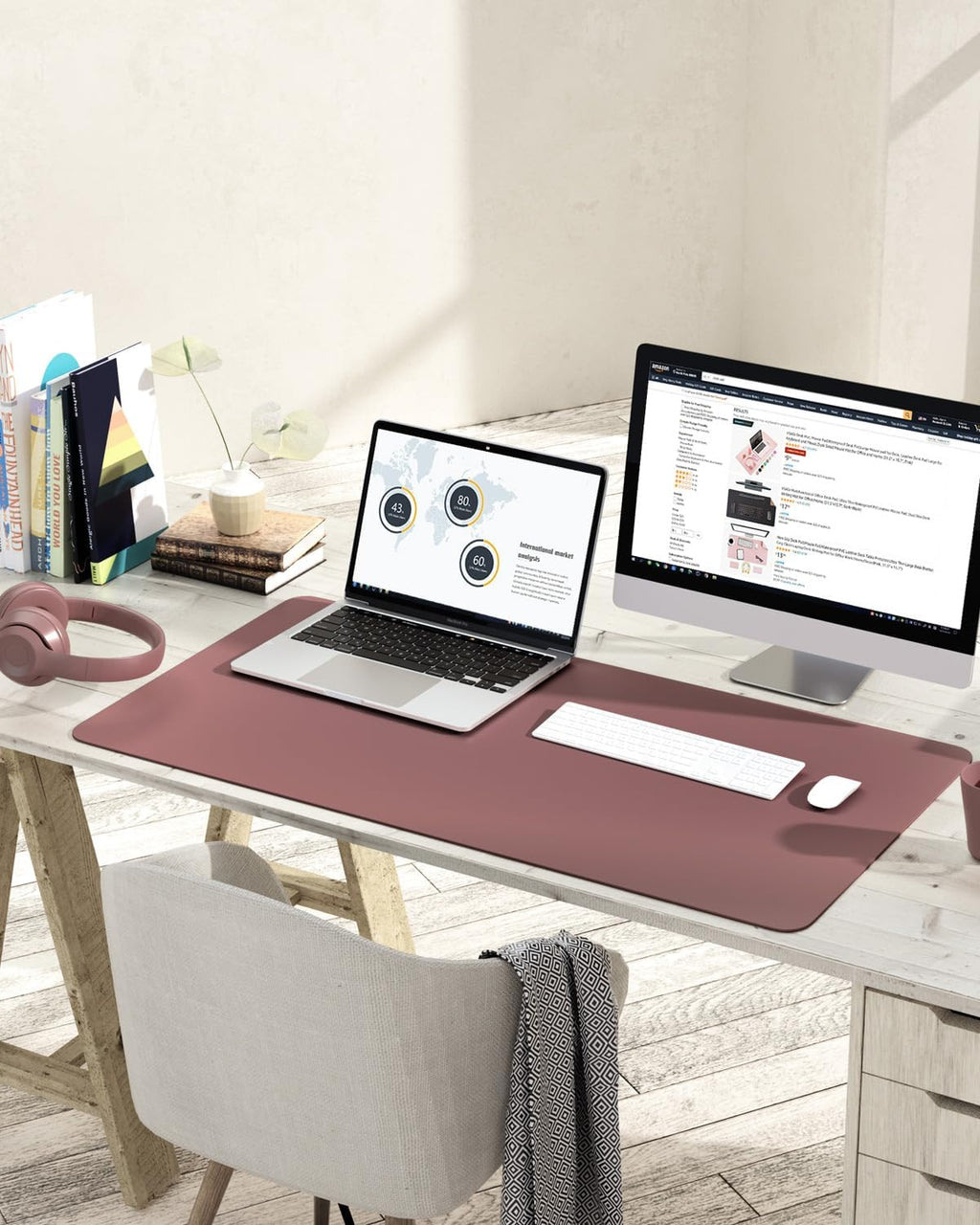 Non-Slip Leather Desk Pad L Size, Waterproof Laptop Computer Desk Keyboard Mat, Large Mouse Pad for Office/Work/Home/Decor (Dark Pink, 35.4" X 17")